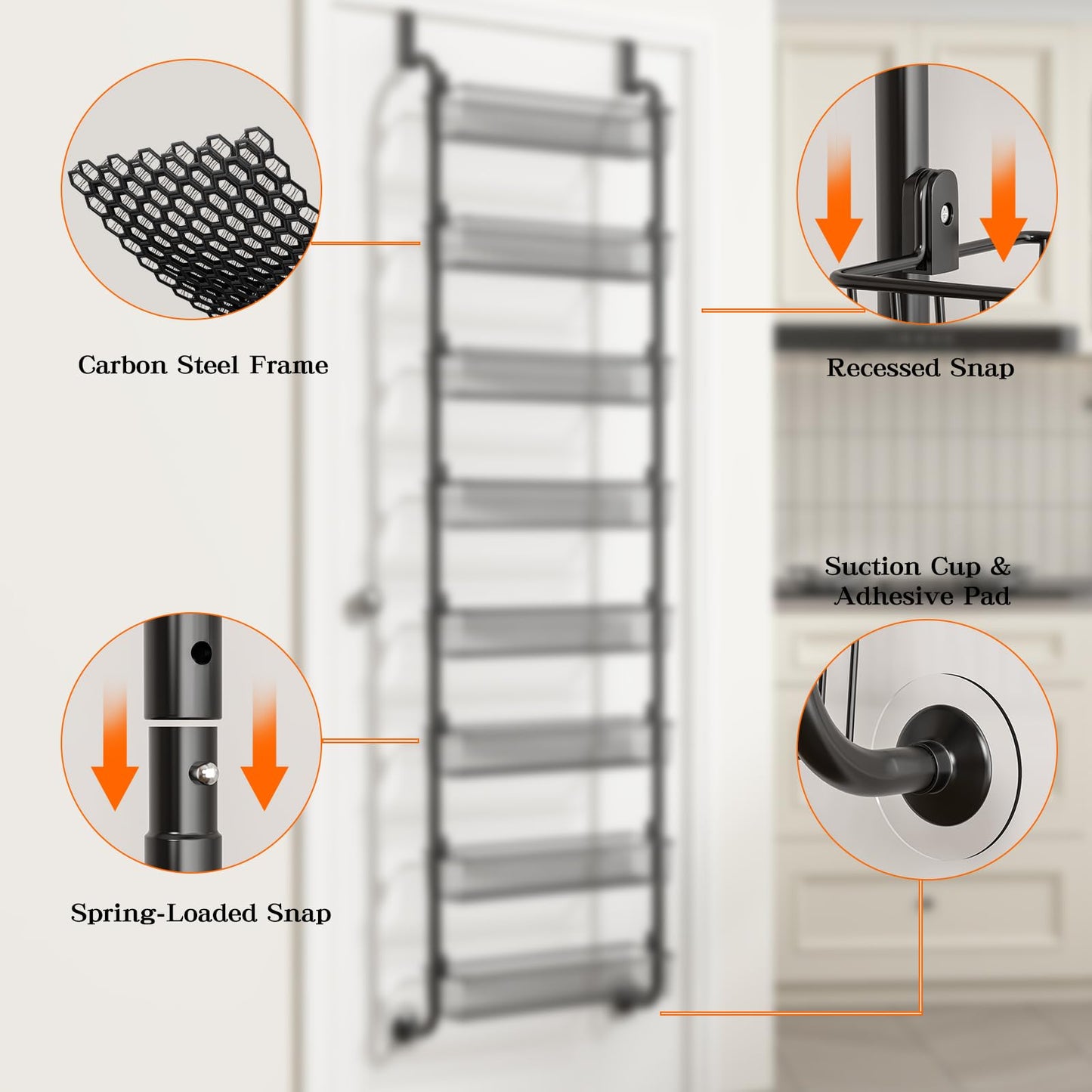 MIAOLI Over The Door Pantry Organizers and Storage, 6-Tier Spice Rack, Home & Kitchen Storage Shelves for Cabinet, Large Capacity Hanging Seasoning Organizer, Laundry Room Organization, Black