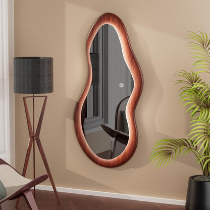 osemy 48"x 24" LED Wood Full Length Mirror with Lights Irregular Wavy Full Body Mirror Shatter-Proof Hanging/Leaning Wall Mounted Walnut Wooden Framed for Dressing Bedroom Living Room