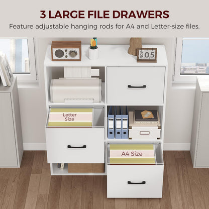 MAHANCRIS 3 Drawer File Cabinet, lateral Filing Cabinet for Home Office, 3 Tier Bookshelf, Modern Office Storage with Printer Stand for A4/Letter Files, White FCWT9001