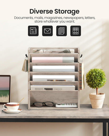CHOEZON Wall File Organizer, 6-Tier Vertical Mount Hanging Holder with 2 Side Hooks, Modern Wooden Magazine Storage Holder with Bottom Tray, Desk Organizer, for Office, Home, Greige MWJ01FH