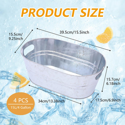Hyuetrsa 4 Pack 4 Gallon Galvanized Ice Buckets for Parties, Large Metal Beverage Drink Tub Cooler with Leak-Proof Carry Handles, Heavy Duty Drink Tin Bins for Beer, Champagne and Wedding Bar Supplies