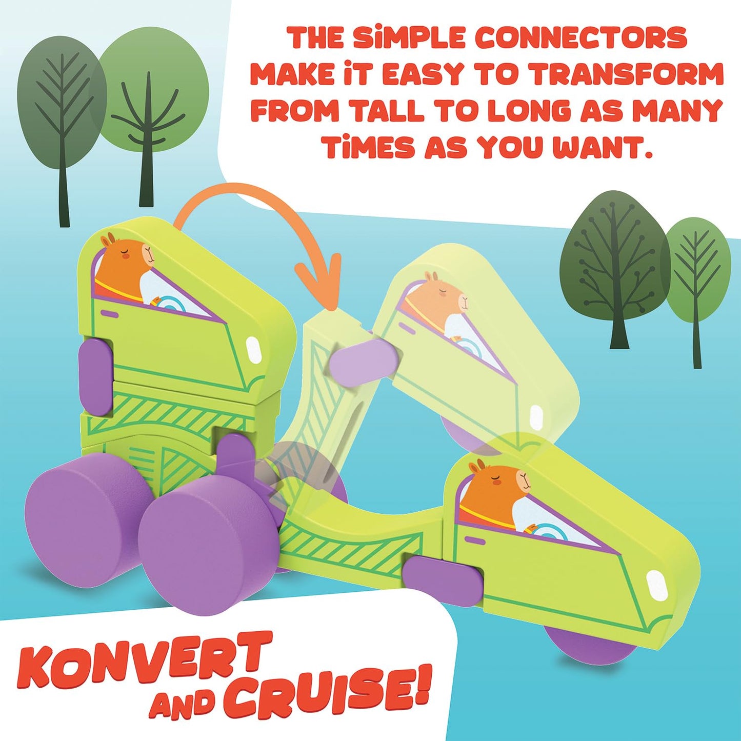 MindWare Konvertibles Transforming Wooden Trucks – 2‑Piece Flip‑&‑Change Vehicle Set with Carry‑Along Box that Becomes 3‑D Road Scene, Toddler Toy for Ages 18 Months +