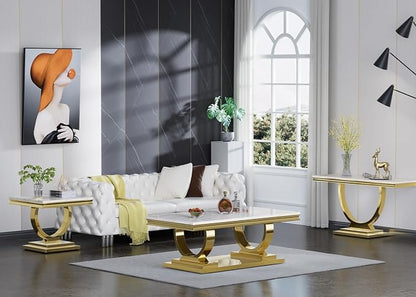 3 Piece Living Room Table Set Include 1 Faux Marble Coffee Table & 1 End Table & 1 Console Table, Modern White Gold Coffee Table Set of 3 with Double O Shape Stainless Steel Pedestal Base