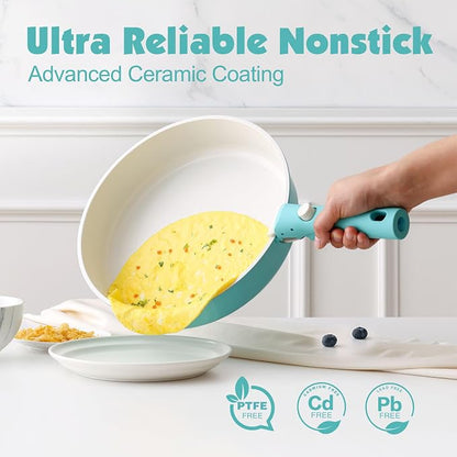 SENSARTE 24 Piece Ceramic Pots and Pans Set, Nonstick Detachable Handle Cookware, Induction Cookware Set with Removable Handle, Healthy Non Stick for RV, Dishwasher＆Oven Safe, PFOA Free (Turquoise)