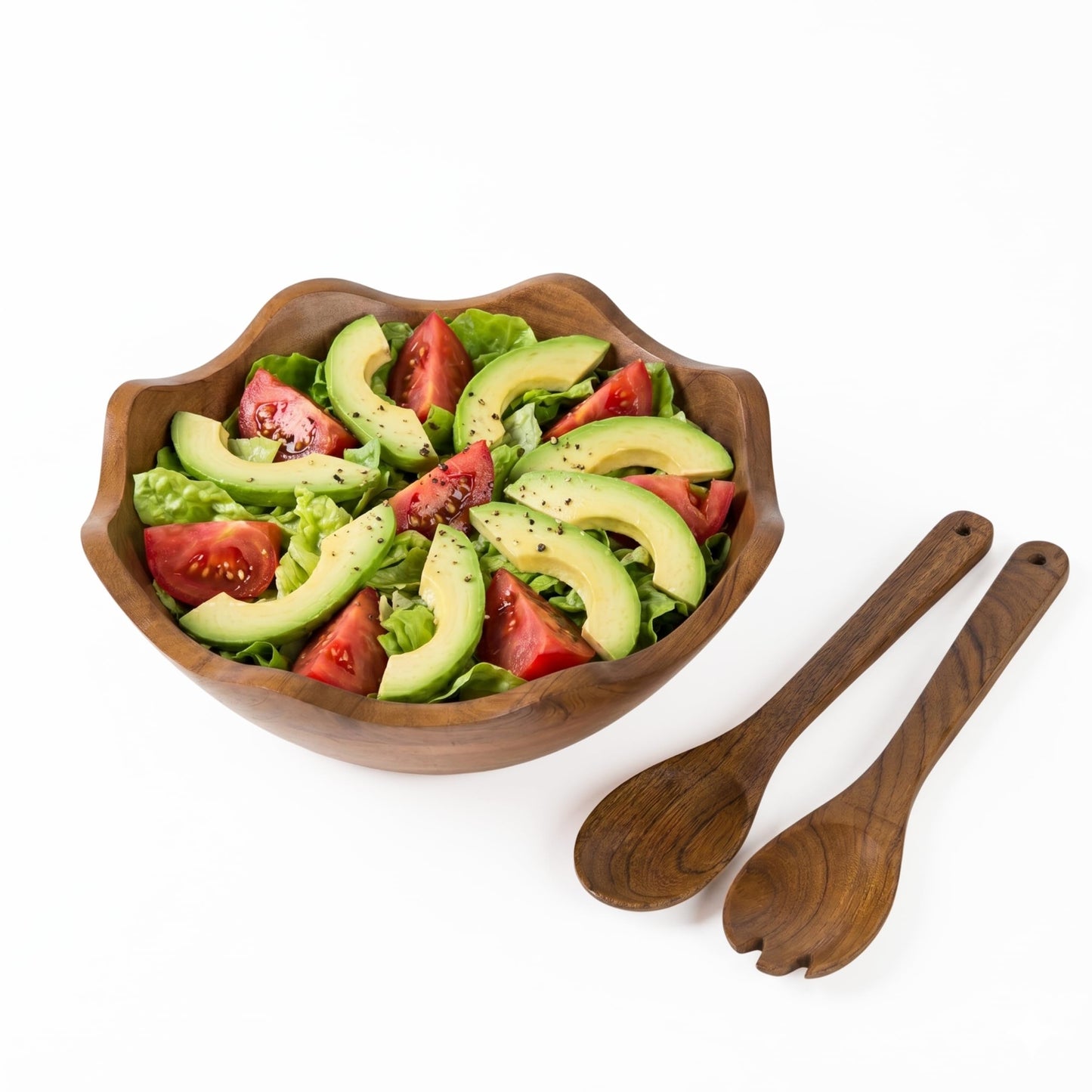 Mela Artisans 12 in Wide x 4 in Tall Scalloped Acacia Wood Salad Bowl with Servers – Decorative Serving and Fruit Bowl with Natural Finish for Kitchen Counter, Pasta, Bread and Home Decor