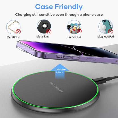 Wireless Charger, Wireless Charging Pad Compatible with iPhone 16 15 14 13 12 11 Pro Max/Mini/Plus/XR, 15W Max Fast Wireless Charging Pad Mat for Samsung Galaxy S23/S22/S21/S20/S10, AirPods Pro/3/2
