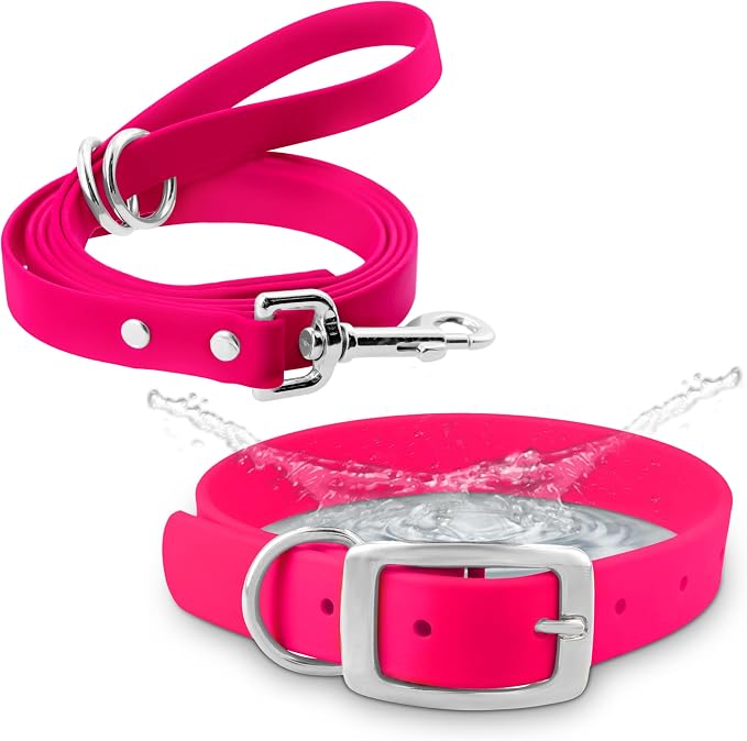 Regal Dog Products Medium Pink Waterproof Dog Collar and Leash Set | Heavy Duty Double Buckle & D Ring - 5'ft Leash | Adjustable Biothane Dog Collar | Chew Resistant Waterproof Collar for Dogs