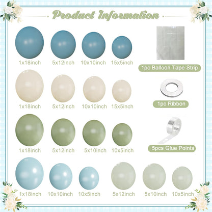 Dusty Blue Sage Green Balloon Arch Kit, 124Pcs Fog Blue Light blue Green Sand White Balloons Different Size for Baby Shower Bridal Shower Anniversary Birthday Party Decorations