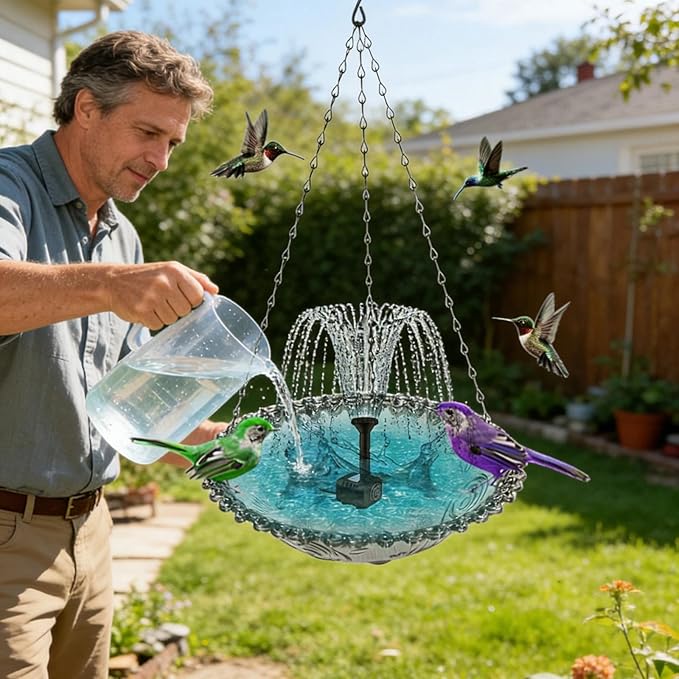 Hanging Solar Bird Bath Fountain with Solars Pump & Bowl & Chains Large Humming Solar Water Fountains with Flowing Water for Outdoor Garden Backyard Patio Lawn(Pink)
