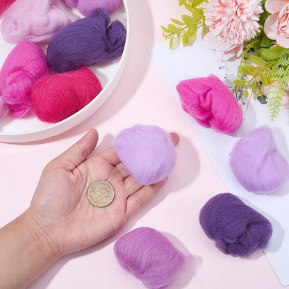 SOFPLATE 18Pcs 6 Colors Wool Roving Colors Needle Felting Yarn Bulk Pink Purple Flower Art Handcraft Spring Wet Felting Hand Spinning Wool for Beginners DIY Weaving Blending Craft Supplies Adults