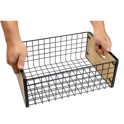 [ Extra Large ] TIEYIPIN Nesting Countertop Baskets, Metal Wire Storage Basket with Wooden Handles, Storage Organizer Bin for Kitchen Cabinets, Bathroom, Pantry, Garage, Laundry Room, Set of 2