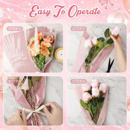 Jaloro 200 Pcs Pink Flower Bags for Bouquets 17.7 x 11 Inch Mother's Day Large Plastic Flower Sleeves Bulk with Ribbon Florist Supplies for Wedding, Birthday, Spring Graduation Gift Wrapping