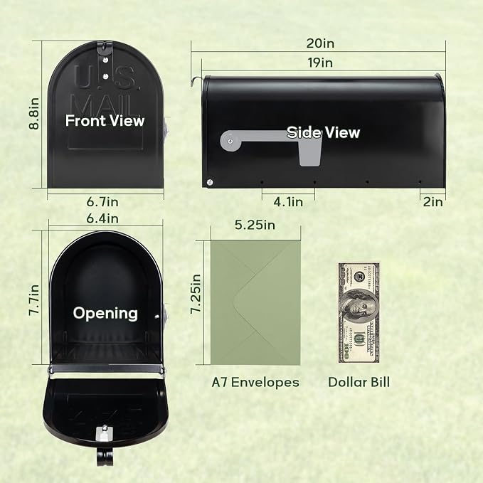 Black Post-Mount Mailboxes for Outside, RAINHOL Metal Mailbox, Galvanized Steel Outside Mail Boxes, Medium Capacity, 19 x 8.7 x 6.7 Inches