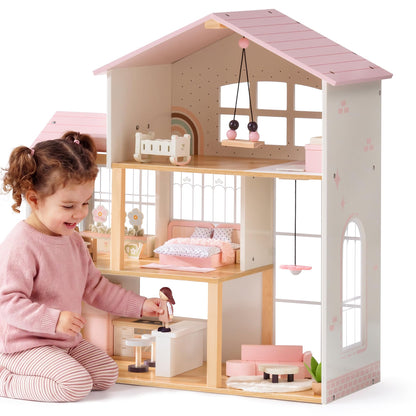 ROBOTIME Doll House for Girls – Three-Story Wooden Dollhouse with 6 Open Rooms, Transparent Conservatory, 37Pcs DIY Modular Furniture Accessories, Pretend Dollouse Creative Gift for Girl Ages 3+