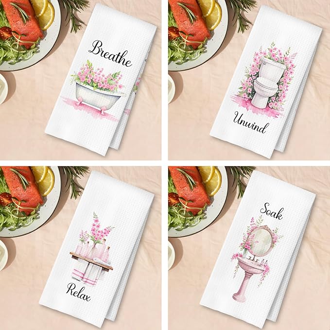 Farmhouse Pink Botanical Bathroom Hand Towels, Relax Breathe Soak Unwind