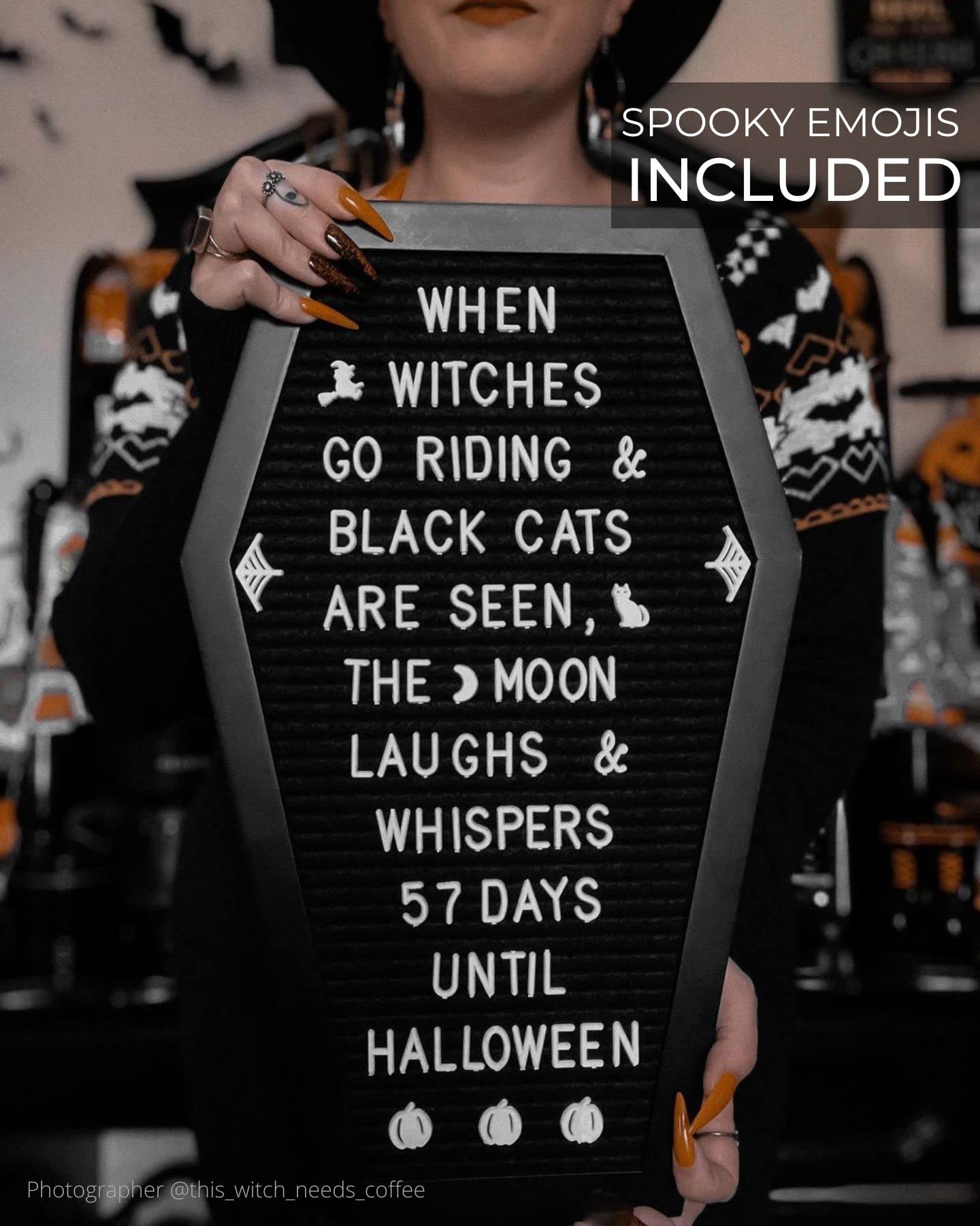 Nomnu Coffin Letter Board Black +3D Bat Stickers +650 Characters, Spooky Seasonal Emojis, Wooden Stand - 17x10.5 Inches - Coffin Shaped Goth Decor Sign Halloween Decorations Gothic Decor Birthday Home Spooky Gifts