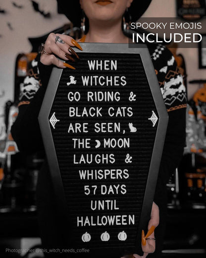 Nomnu Coffin Letter Board Black +3D Bat Stickers +650 Characters, Spooky Seasonal Emojis, Wooden Stand - 17x10.5 Inches - Coffin Shaped Goth Decor Sign Halloween Decorations Gothic Decor Birthday Home Spooky Gifts