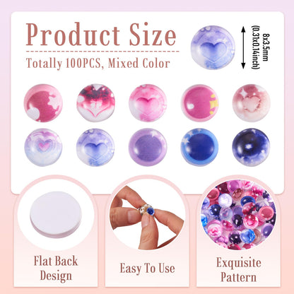 Craftdady 100Pcs 8mm Flat Round Dome Cabochons Glass Craft Doll Eyes Mixed Color Crystal Heart Pattern Eyes DIY Craft Art Cabochon for Doll Puppet Plush Animal Crafts DIY Jewelry Making
