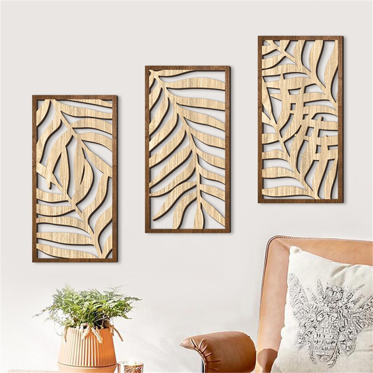 3 Pcs Tropical Leaf Wood Wall Art Decor, Wooden Minimalist Wall Hanging Decor, 3D Hollow Carved Craft Art Set, Boho Abstract Wall Sculptures Panels Decoration for Home Living Room Bedroom Kitchen (C)
