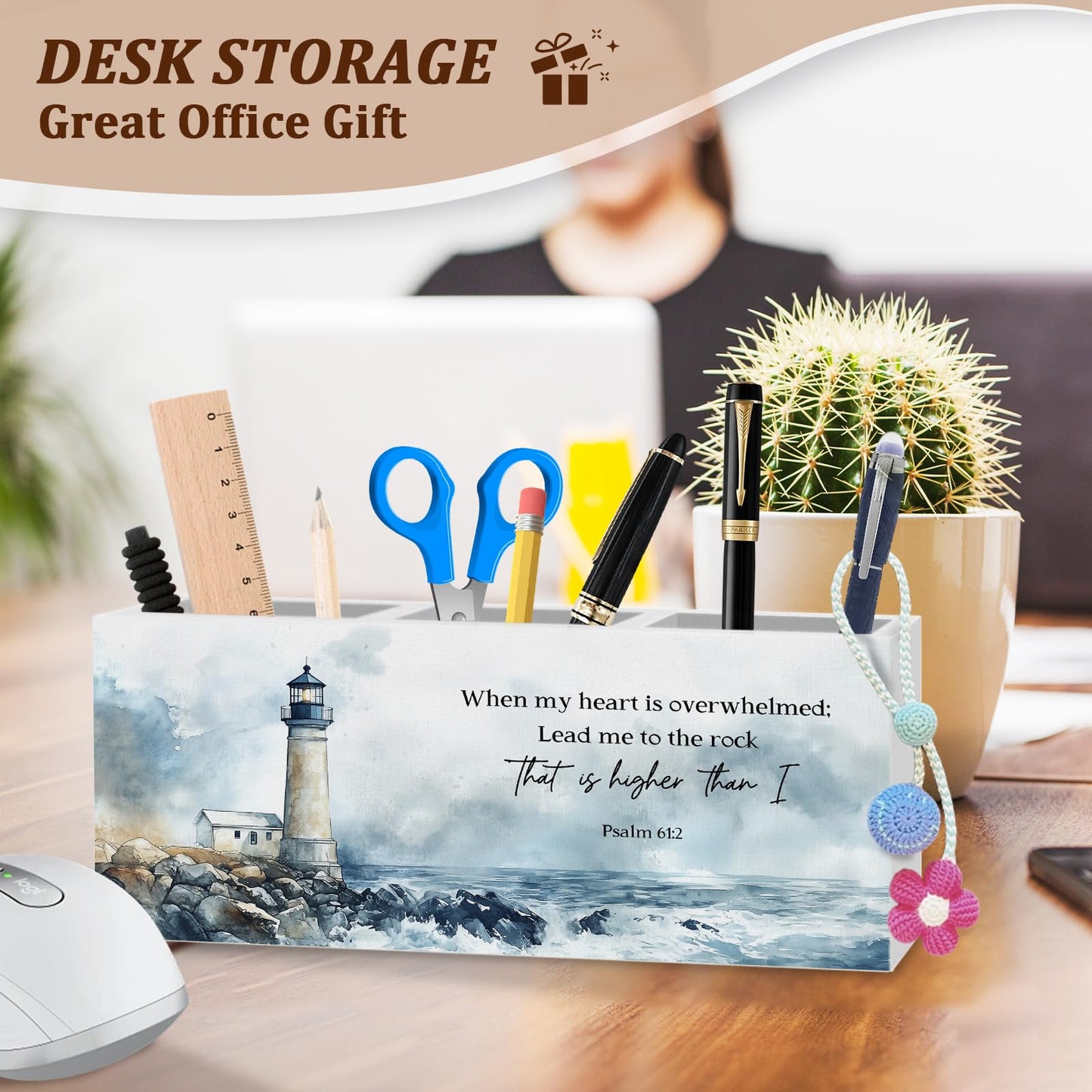 WODMIS Christian Coastal Beach Pen Pencil Holder for Desk, Christian Gifts for Women Men, Nautical Lighthouse Bible Verse Wooden Box Organizer Decorations for Home Office Desk Accessories Tabletop