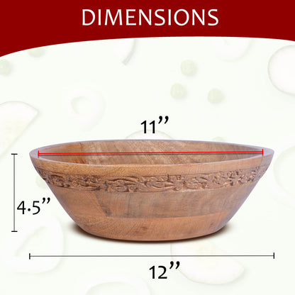 Mela Artisans 12” Mango Wood Bowl – Jasmine Medium Burnt Finish – Handcrafted Wooden Fruit Bowl for Kitchen Counter & Table Display