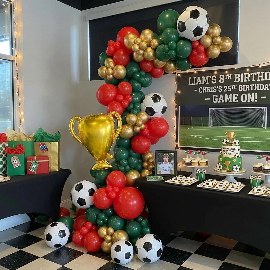 Red and Green Soccer Balloons, 12 Inch Green and Gold Soccer Balloons with 22" Soccer Foil Ball Gold Trophy Balloon for Boys Men Sports Theme Birthday Football Game Day Party Decorations Supplies