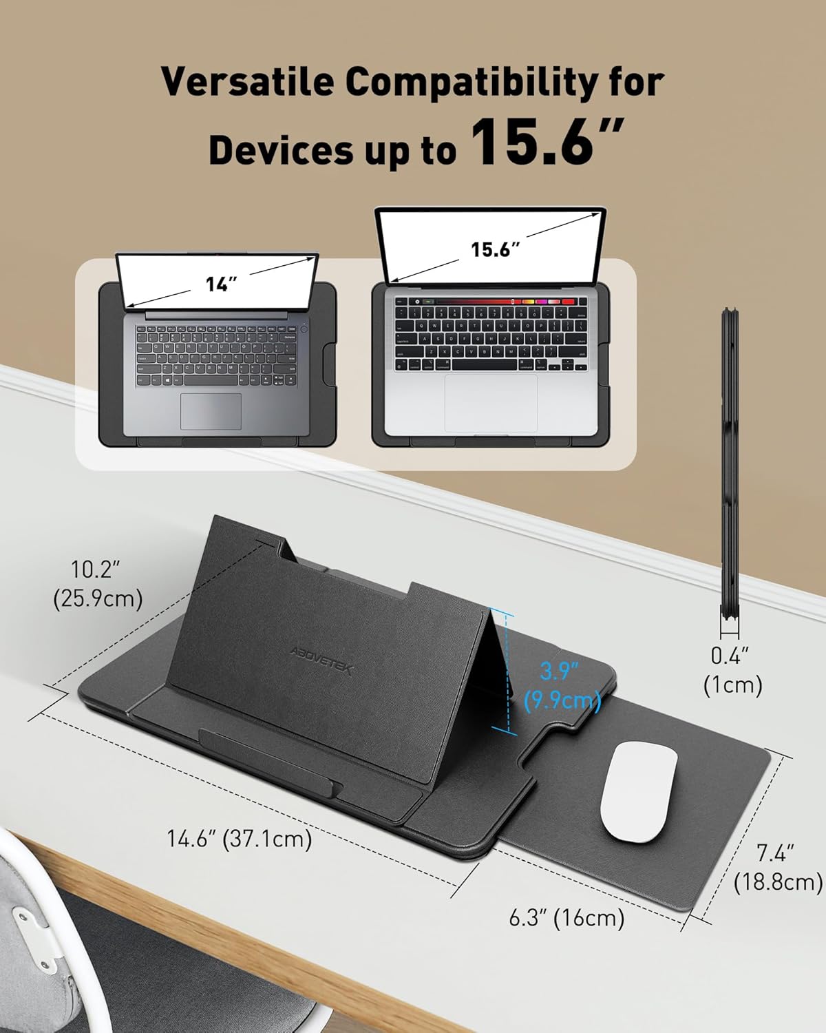 AboveTEK Adjustable Laptop Lap Desk, 3 Ergonomic Angles, PU Leather Non-Slip Surface, Heat Shield, Retractable Mouse Pad, Portable Laptop Lap pad Workstation for Bed, Sofa, Travel
