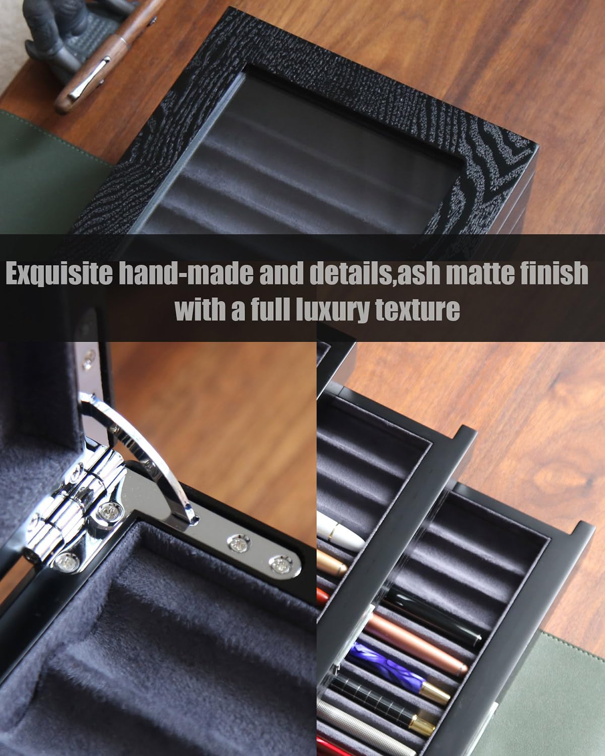 Besforu wood pen display case 36 slot Fountain pen Box storage Organizer with drawer, Top Glass Window Pen Collection Display Case