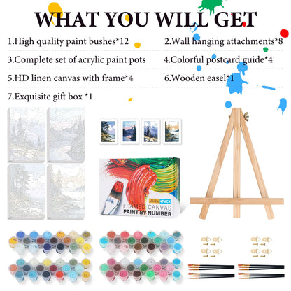 Fountor 4 Pack Framed Paint by Numbers Kit for Adults Beginners with Wooden Easel, DIY Landscape Arts and Crafts for Adults, Painting by Numbers for Home Wall Decor, 8x12 inch