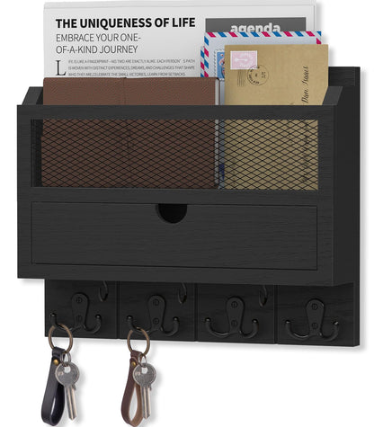Nekon Mail Organizer with Drawer for Wall, 12"W x 10"H x 3.1"D Mail Sorter Wall Mounted, Wooden Key Holder Wall File Organizer Letter Sorter for Letter Magazines (Black)