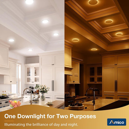 Amico 12 Pack 6 Inch 5CCT LED Recessed Ceiling Light with Night Light, 2700K/3000K/3500K/4000K/5000K Selectable Ultra-Thin Lighting, 12W=110W, 1100LM, Dimmable Canless Wafer Downlight ETL&FCC
