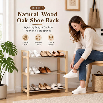 THENNIKIGO Shoe Rack Wooden, Oak Expandable Shoe Organizer, 3-Tier Stainless Steel Shoe Shelf, 17.7“-31.4” Shoe Storage 6-12 Pairs, for Closet, Garage, Narrow Spaces, Entryway, Door Entrance