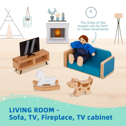 OOOK Wooden Dollhouse Furniture Set for Kids, 26 Pcs Dollhouse Accessories with 4 Family Dolls and Dog, Miniature Doll House Furniture Toys Pretend Play Set for G irls Boys Age 3+