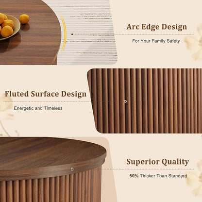 LYNCOHOME 31.5'' Fluted Flip Top Round Coffee Table with Storage, Circle Coffee Table, Modern Coffee Table for Living Room, Center Table for Living Room, Home Office, Dark Brown, Walnut