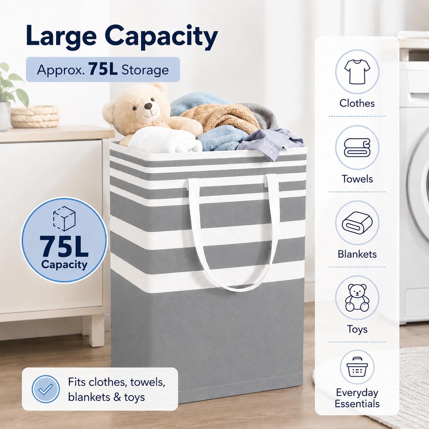 Collapsible Laundry Hamper Bag with Wooden Handles – 75L/20Gal Large Capacity, Waterproof Oxford Cloth Storage Basket, Freestanding No Wire Frame, Ideal for Dorm, Bedroom, Bathroom (Grey)