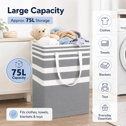 Collapsible Laundry Hamper Bag with Wooden Handles – 75L/20Gal Large Capacity, Waterproof Oxford Cloth Storage Basket, Freestanding No Wire Frame, Ideal for Dorm, Bedroom, Bathroom (Grey)