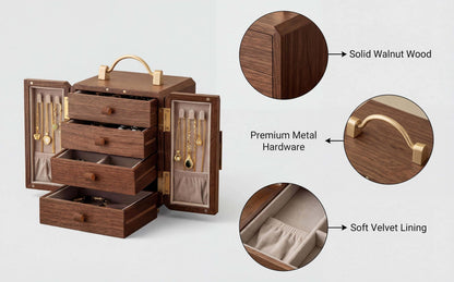 XYittkl Black Walnut Jewelry Box, Handmade Wooden Jewelry Organizer, 4-Layer Jewelry Holder with Velvet & Gold Handle, Gift for Women Mother's Day Anniversary Birthday, Mirrored Butterfly Design