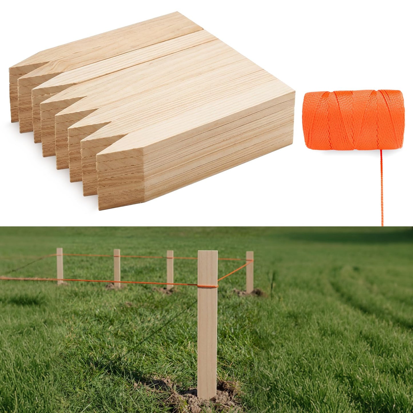 ElaraBerry 48 Pcs Wooden Garden Stakes 1 Roll Orange Mason String Line Set 500 ft #18 Braided Nylon Construction String 12 Inch Grade and Survey Stakes for Masonry Garden Surveying Plant Support Fence