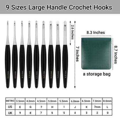Hobekoee Inline Crochet Hooks Set 9 Sizes 3.5mm(E)-8mm(L) Wooden Handle Crochet Hooks Set with Case,Ergonomic Grip for Arthritic Hands