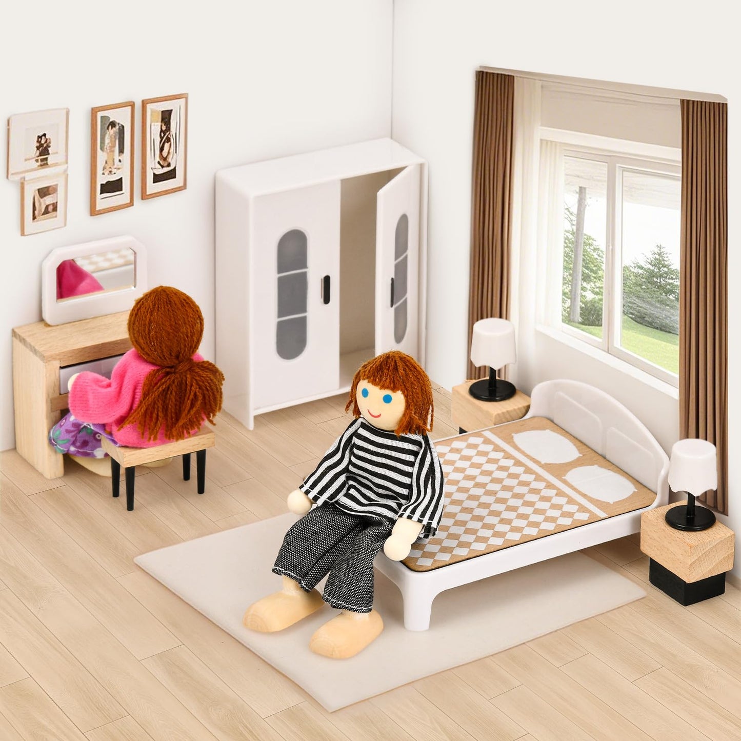 Toyssa Dollhouse Furniture Set, 36PCS Beech Wood and Plastic Miniature Doll House Accessories with Modern 5 Rooms & 4 Flexible Family Dolls, Pretend Play Toys Birthday Gift for Toddlers 3 4 5 6