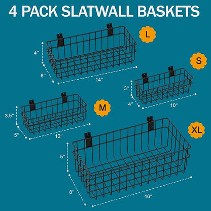 4 Pack Large Size Slatwall Baskets Set, Ventilated Metal Hanging Storage Slat