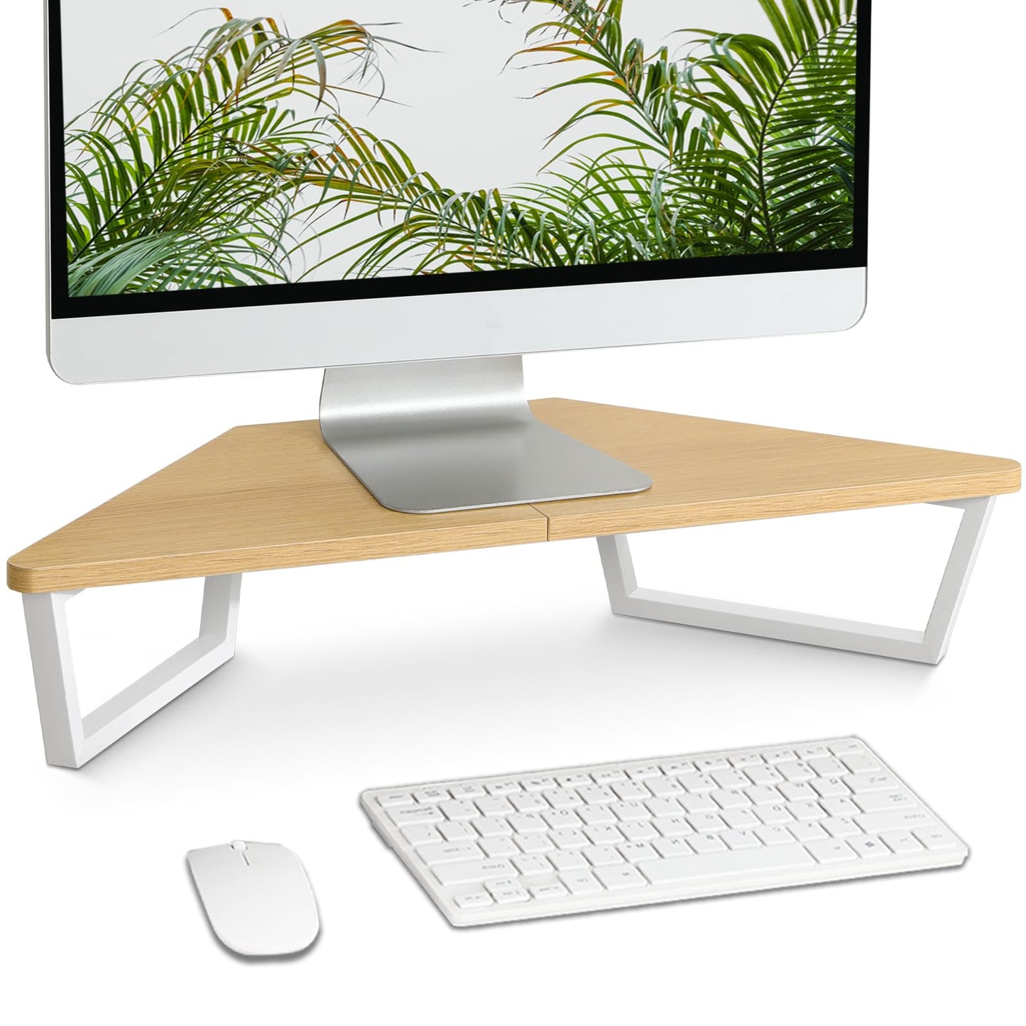 TEAMIX 26 inch Triangle Monitor Stand Riser, Desktop Corner Stand with Metal Leg Wood Computer Stand with Storage Laptop Riser Office Organization (Maple)