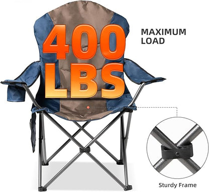 2 Pack Folding Camping Chairs for Adults - High Back Padded Outdoor Lawn Chairs with Lumbar Support & Cup Holder, 400lbs Heavy Duty Portable Camping Chairs Set (Blue & Brown, 2 PCS)