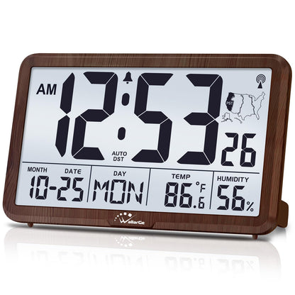 WallarGe Atomic Wall Clock with Backlight, Digital Wall Clock Battery Operated for Classroom, Bedroom, Office, Large Display with Indoor Temperature, Humidity, Date, AUTO DST, 6 Time Zones