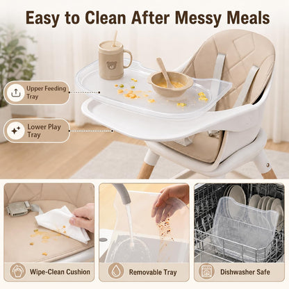 DDIOYIUR Baby High Chair, 6 in 1 Convertible High Chairs for Babies and Toddlers, Easy Clean Highchair with Removable Double Tray, 5-Point Harness, Reversible Footrest, Beech Wood Legs, Champagne
