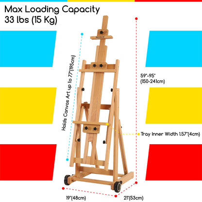 MEEDEN Versatile Studio H-Frame Easel - All Media Adjustable Beech Wood Studio Easel, Painting Floor Easel Stand, Movable and Tilting Flat Available, Holds Canvas Art up to 77"