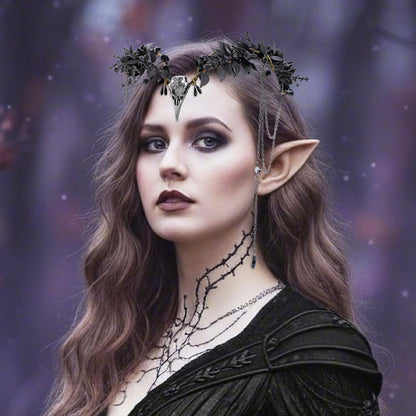 MOSTORY Black Raven Elf Crown - Gothic Flower Headpiece with Tassel for Witch Accessories Women, Dark Floral Circlet for Renaissance Renfaire Halloween Witchcore Cosplay