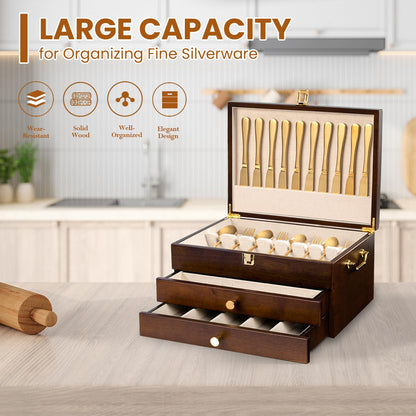 Yoimori Silverware Storage Box, 3-Layer Flatware Storage Case with Drawer, Wooden Silverware Chest with Handle and Linen Liner, Rustic Silverware Case for Storing Fine Flatware and Utensils (Walnut)