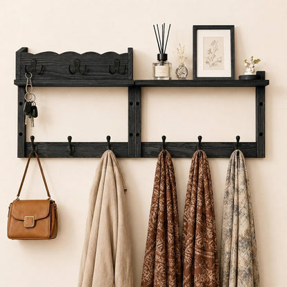 Dellicasi 28" Coat Rack Wall Mount with Shelf, Entryway Wall Mounted Coat Rack Wood Wall Coat Hooks with 7 Hooks 3 Key Hanger, Key Holder Wall Mount Mail Holder for Living Room, Bedroom
