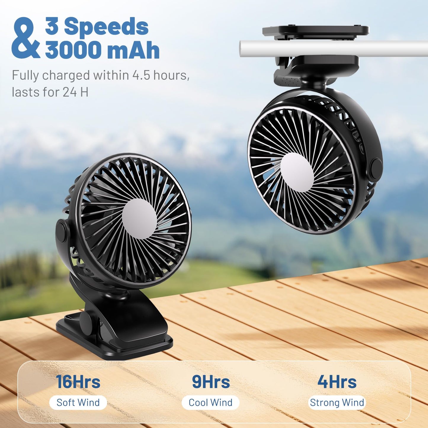 Portable Clip on Fan, 360° Rotate Battery Operated Stroller Fan, 3 Speed Quiet Mini Personal Desk Fan, USB Rechargeable Clooing Fan for Outdoor Camping Golf Cart Stroller Home Office Black